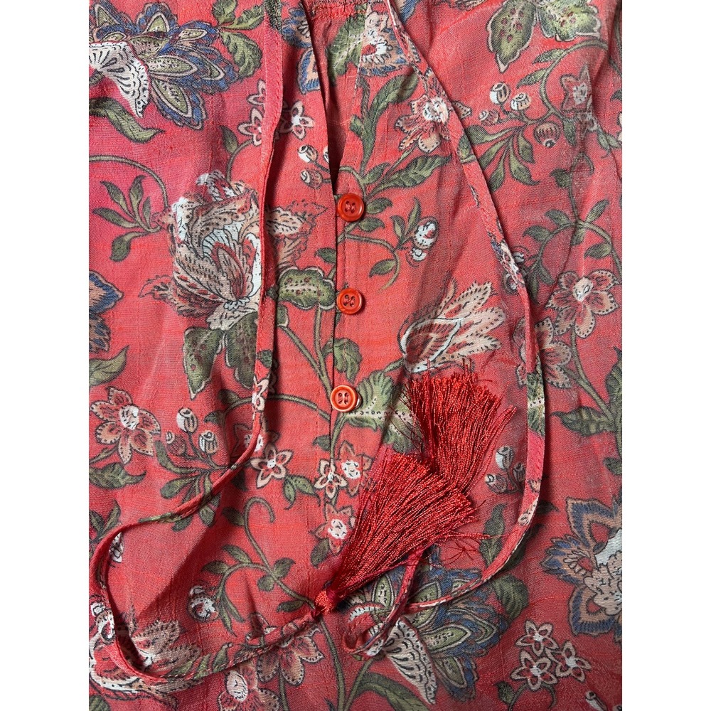 St. John's Bay Floral Coral Boho Sleeveless Blouse Tassel Tie Smocked Size Med - Picture 7 of 7